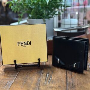 Authentic Fendi Bag Bugs Monster Eyes Black Leather Bifold Wallet with Box